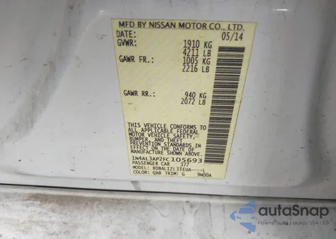 2015 Nissan Altima 2.5 Sv из США, поврежденный, VIN 1N4AL3AP2FC105693